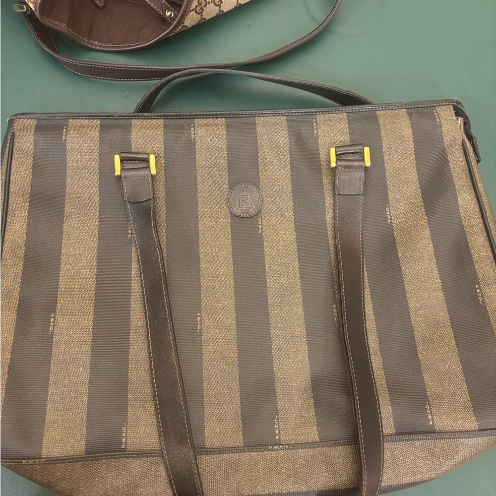 Fendi Brown and Tan Striped Tote. Vintage 80s